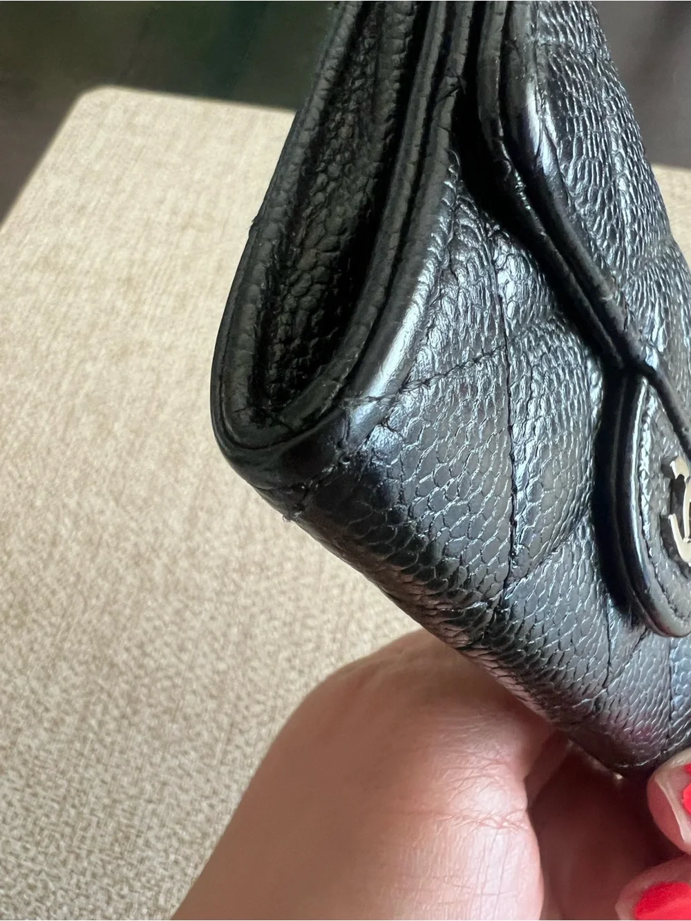 Authentic CHANEL Black Quilted Caviar Leather Small Flap Wallet with Silver CC